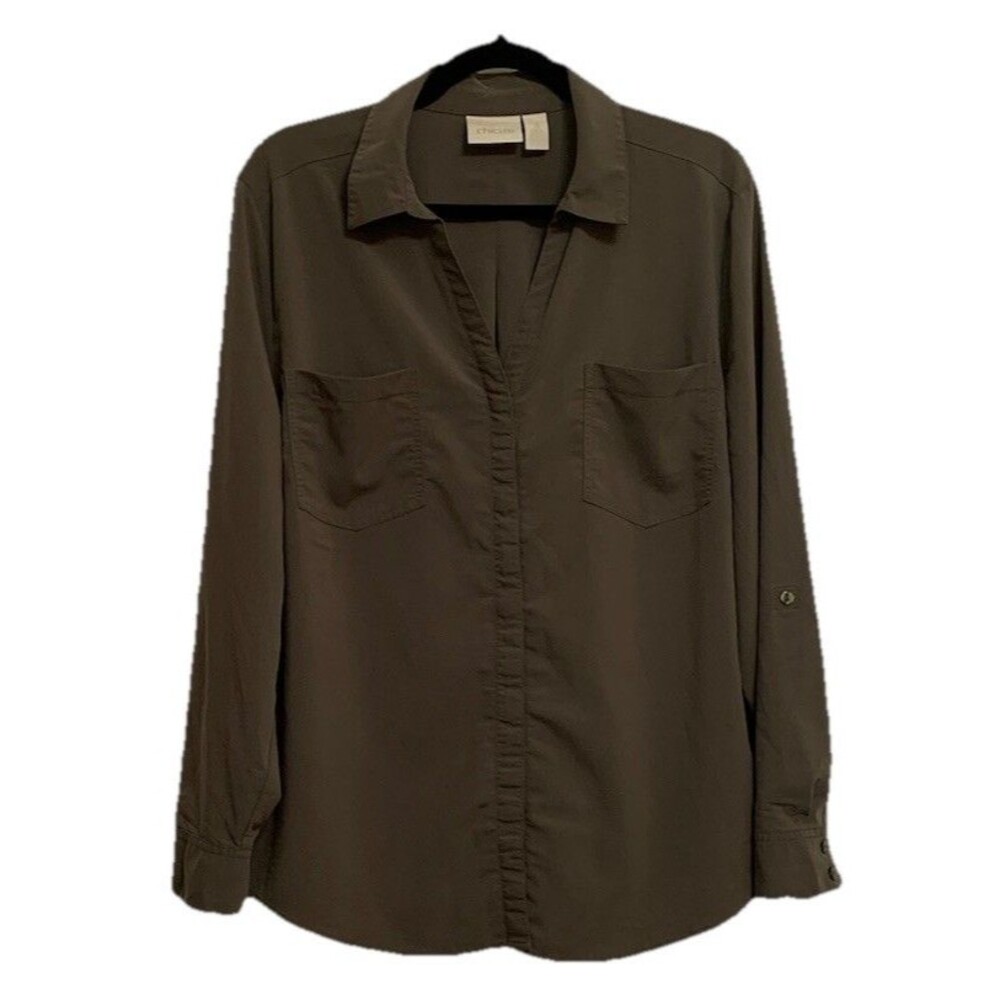 Chicos Size 3 Womens XL Top Olive Hidden Button Utility Long Roll Tab Sleeves